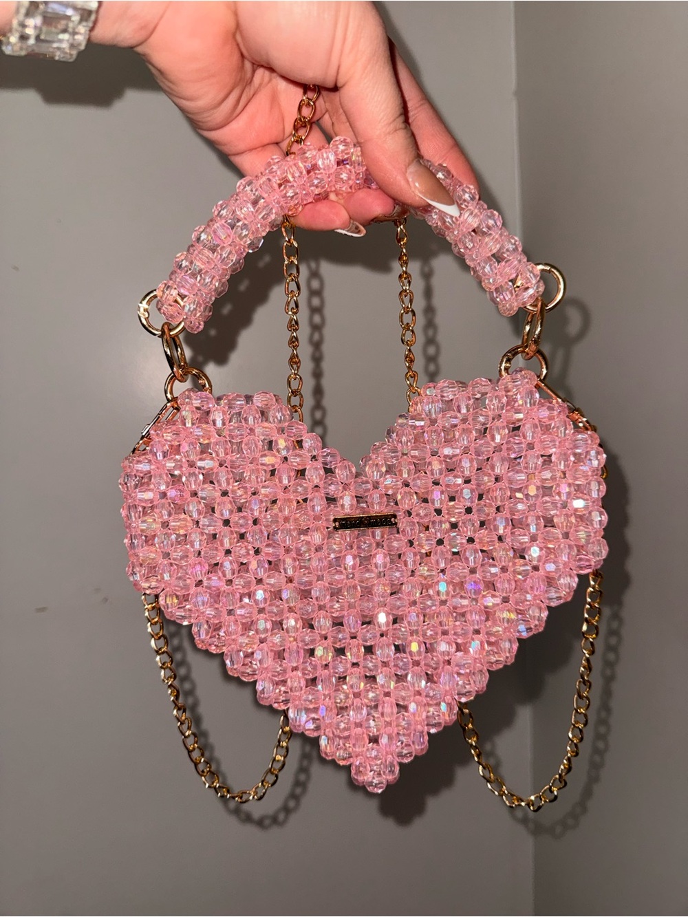 Sparkling Pink Heart Mini Bag with Gold Chain
